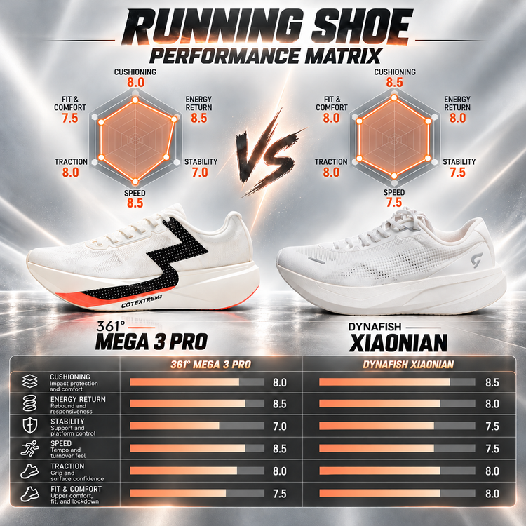 361° Mega 3 Pro vs Dynafish Xiaonian Running Shoes: Cushioning, Construction, and Performance Comparison