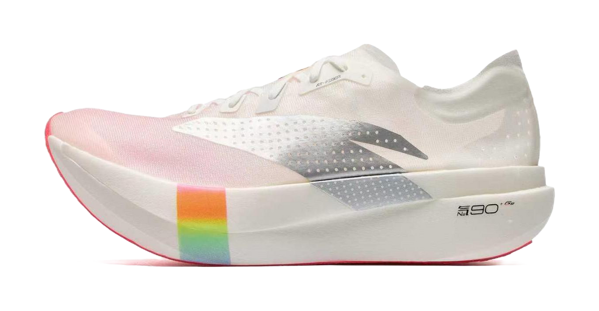 White racing shoe with pink gradient upper and rainbow stripe side accents