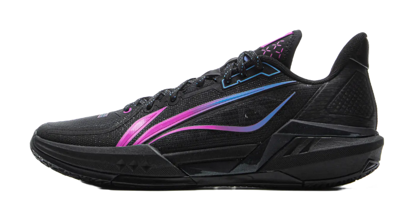Black basketball shoes with purple and blue accents, lace-up low-cut