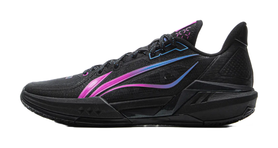 Black basketball shoes with purple and blue accents, lace-up low-cut