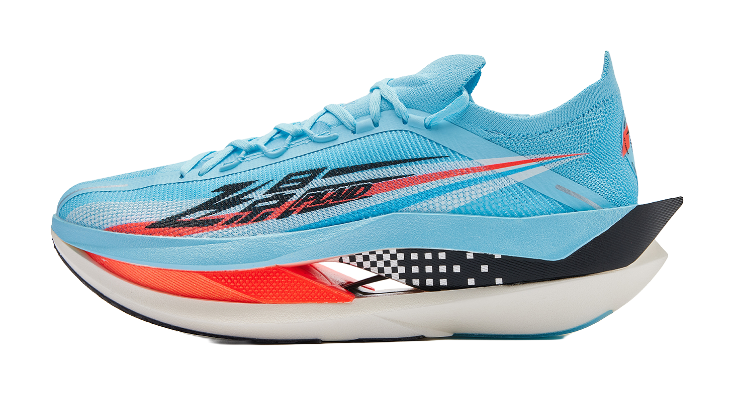 Light blue low-top lace-up running shoe with black graphics and orange outsole