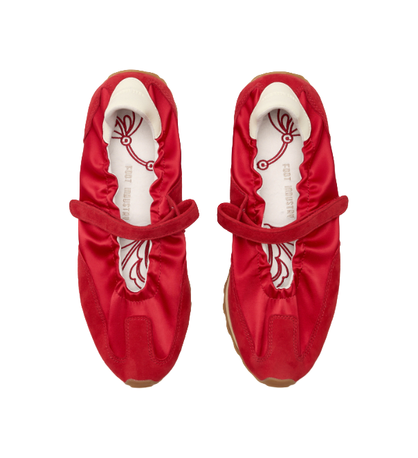 Pair of women's red Mary Jane shoes, showing front hook-and-loop strap