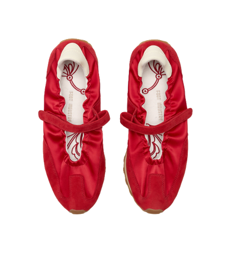 Pair of women's red Mary Jane shoes, showing front hook-and-loop strap