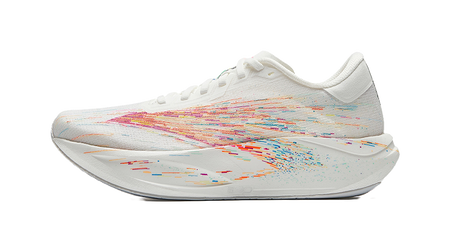 Women’s running shoes, white knit upper with multicolor speed-streak graphic