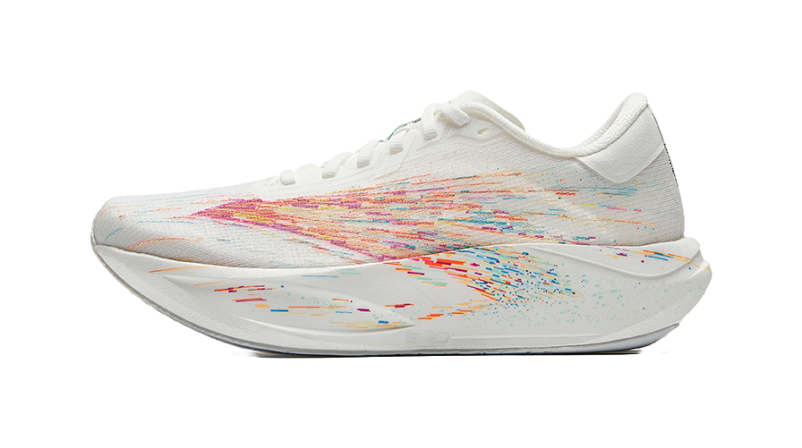 Women’s running shoes, white knit upper with multicolor speed-streak graphic