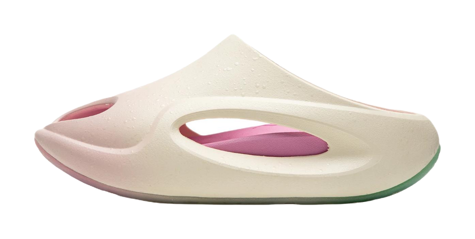Off-white slide slippers with pink-purple footbed and scalloped strap