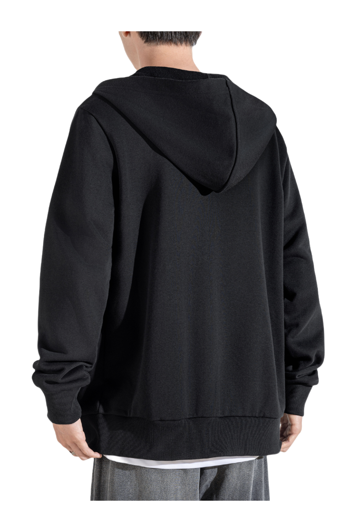 Men’s black zip-up hooded sweatshirt back view, full sleeves and hem pockets