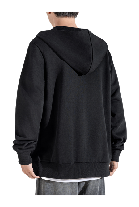 Men’s black zip-up hooded sweatshirt back view, full sleeves and hem pockets