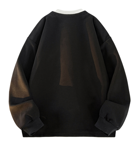 Warrior Revival Wind and Wave Series American Trendy College Style Letter Print Color Contrast Splicing Fake Two Piece Loose Casual Versatile Hoodie Bottom Wear Warm Henley Collar Long Sleeve T-shirt Unisex  vjsneaker.com