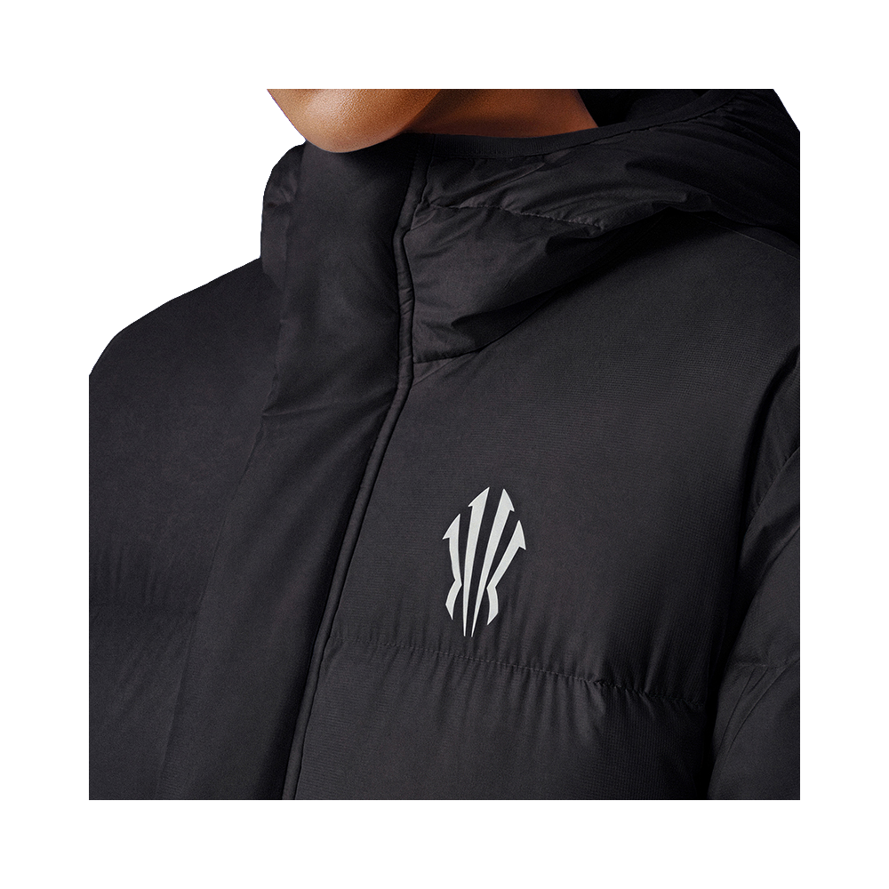 Black puffer jacket with front zipper and white chest logo.