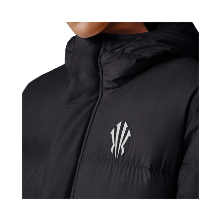 Black puffer jacket with front zipper and white chest logo.