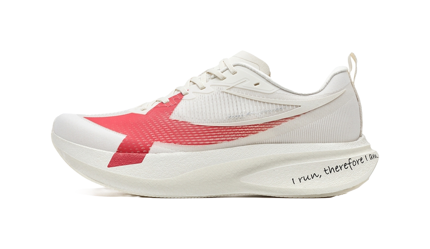 Low-top training running shoe with white mesh upper and red accent side panel.