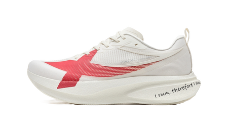 Low-top training running shoe with white mesh upper and red accent side panel.