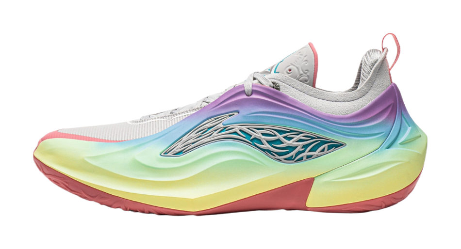 Men's low-top lace-up basketball shoes, grey knit upper with rainbow gradient sole