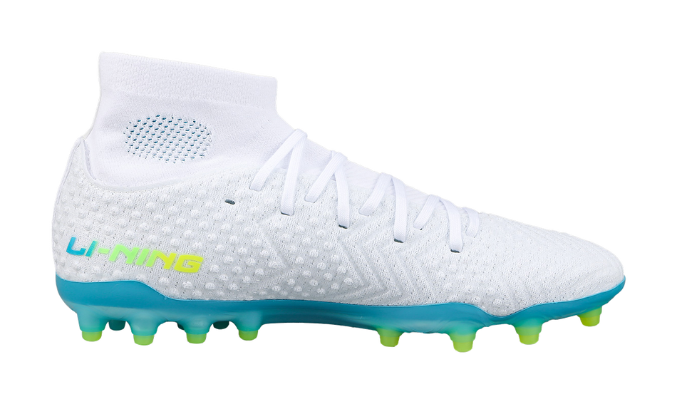 White mid-cut soccer cleat with Li-Ning logo, textured upper, blue-green stud outsole