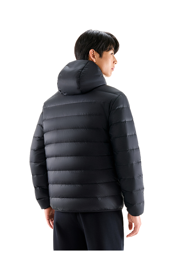 Black hooded puffer down jacket with quilted sleeves and back panel