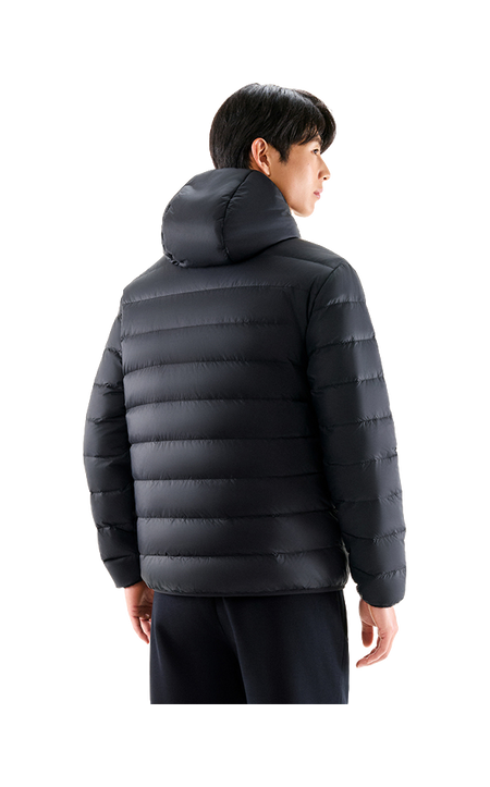 Black hooded puffer down jacket with quilted sleeves and back panel