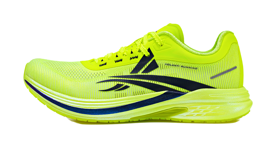 Unisex running shoe in neon green with black stripe detailing and lace-up closure