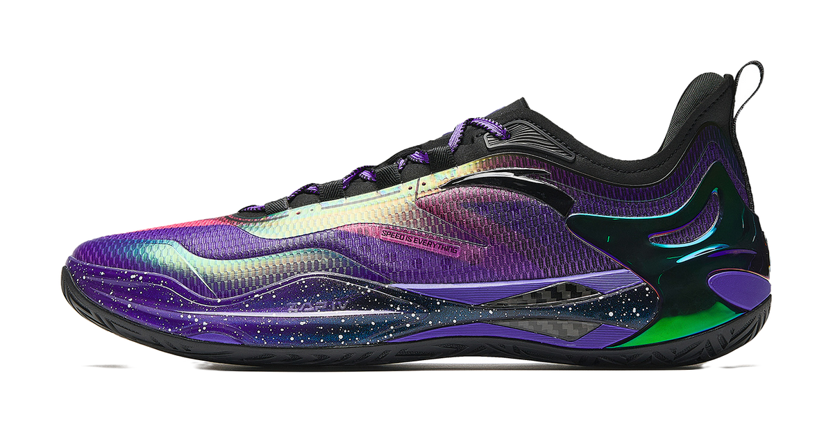 ANTA mens low-top basketball shoes in purple with black trim and multicolor wave panels
