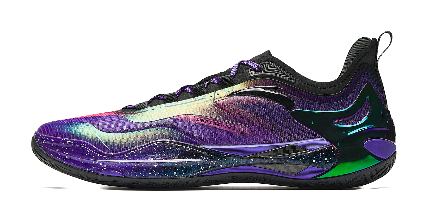 ANTA mens low-top basketball shoes in purple with black trim and multicolor wave panels