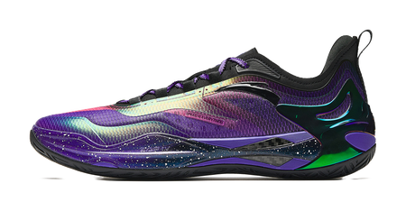 ANTA mens low-top basketball shoes in purple with black trim and multicolor wave panels