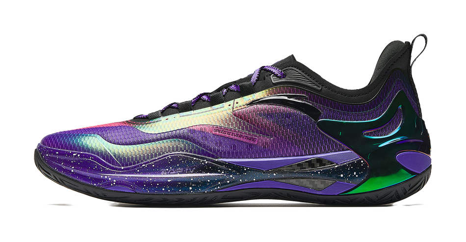 ANTA mens low-top basketball shoes in purple with black trim and multicolor wave panels
