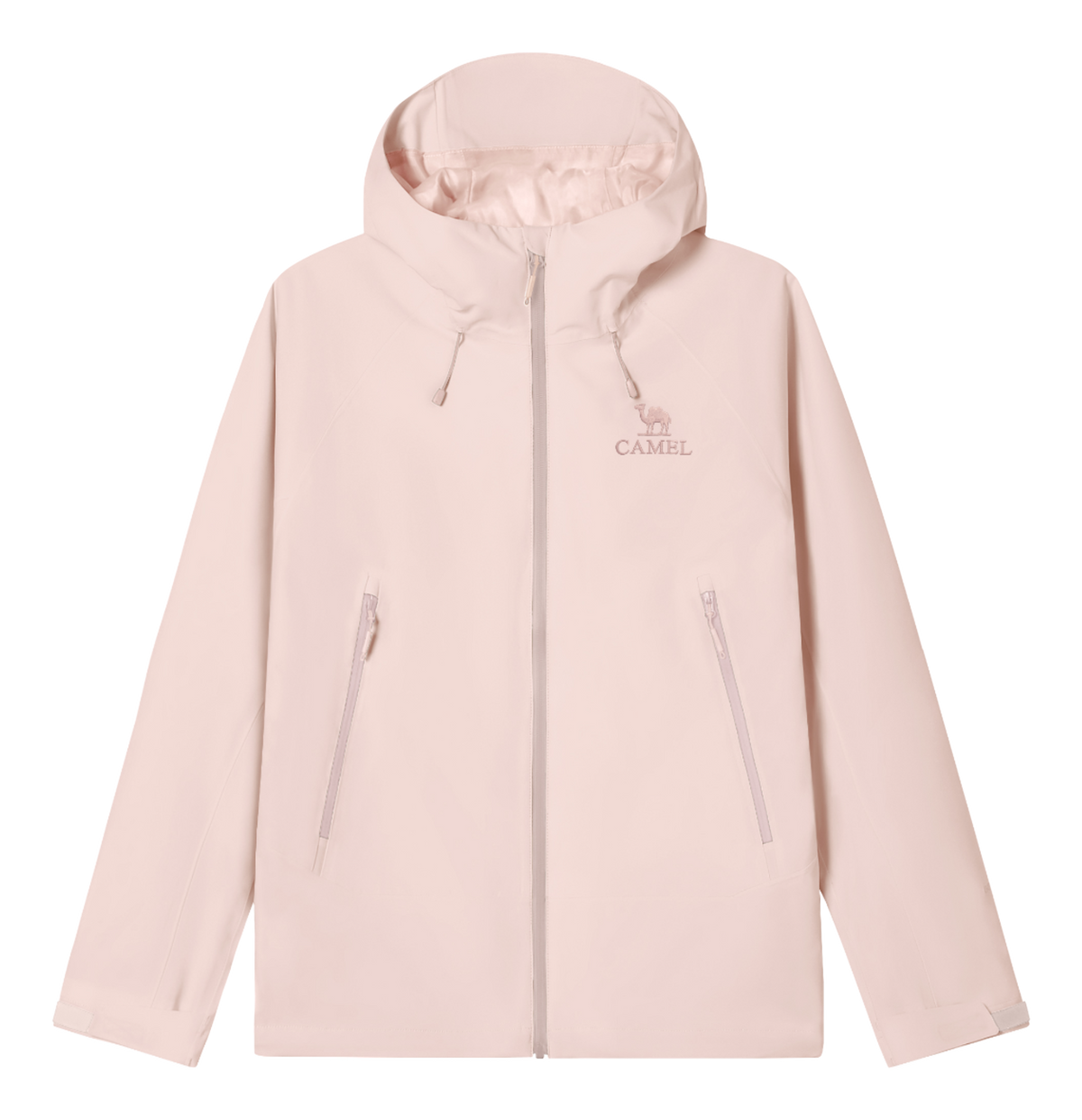 Light pink unisex windbreaker jacket with hood, full zip, and two zippered front pockets