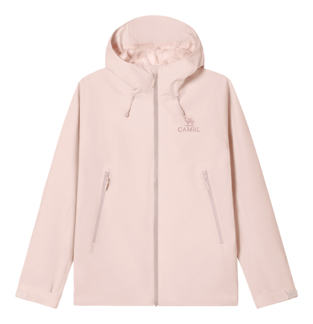 Light pink unisex windbreaker jacket with hood, full zip, and two zippered front pockets