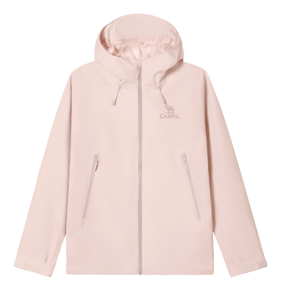 Light pink unisex windbreaker jacket with hood, full zip, and two zippered front pockets