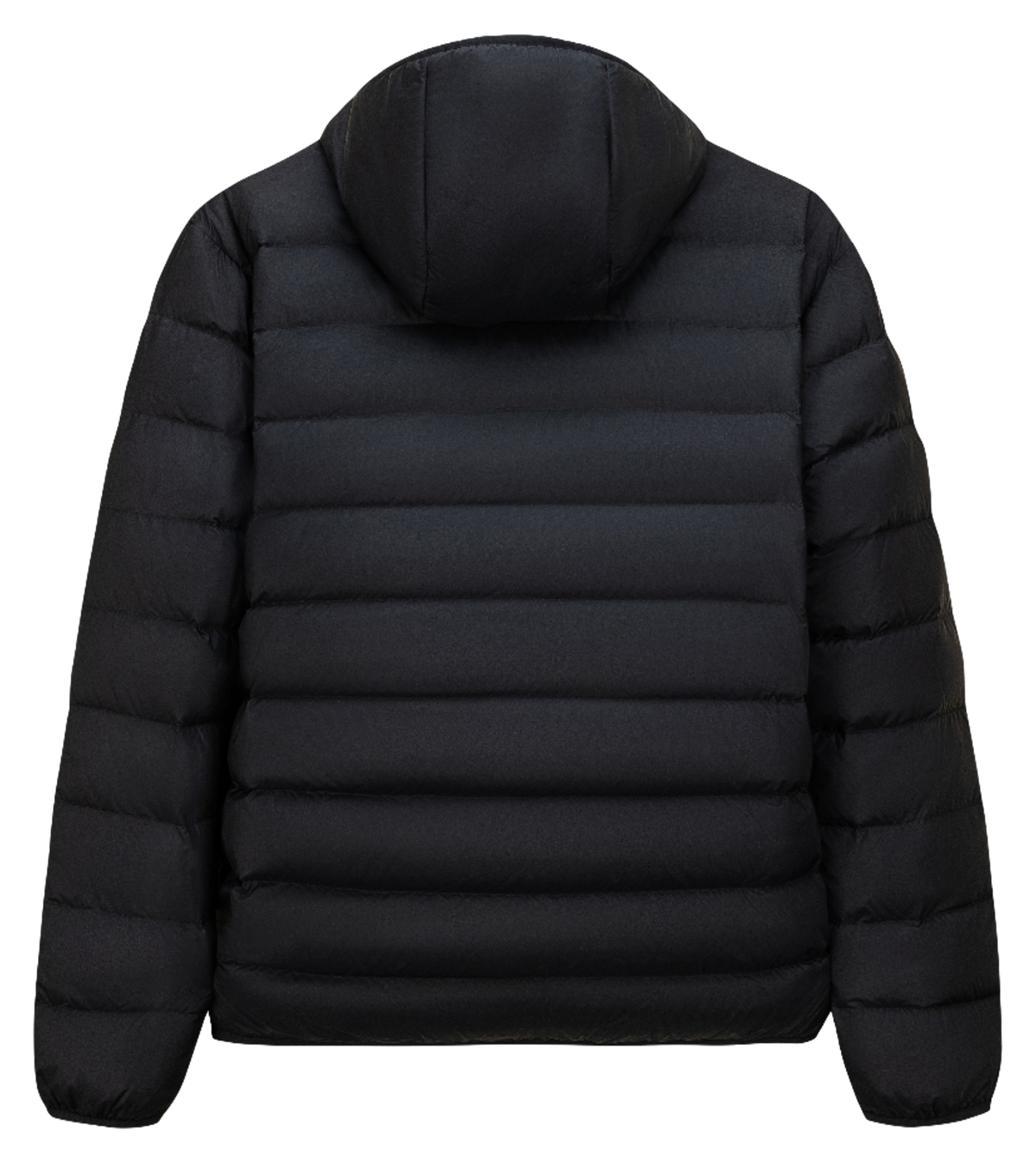 Black hooded puffer down jacket, back view with quilted baffles