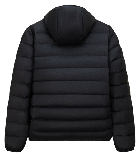 Black hooded puffer down jacket, back view with quilted baffles