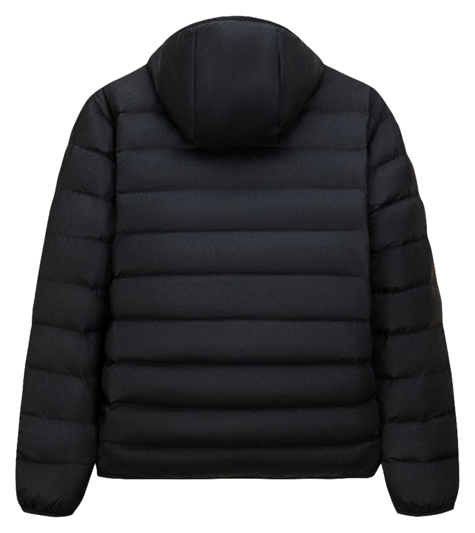 Black hooded puffer down jacket, back view with quilted baffles