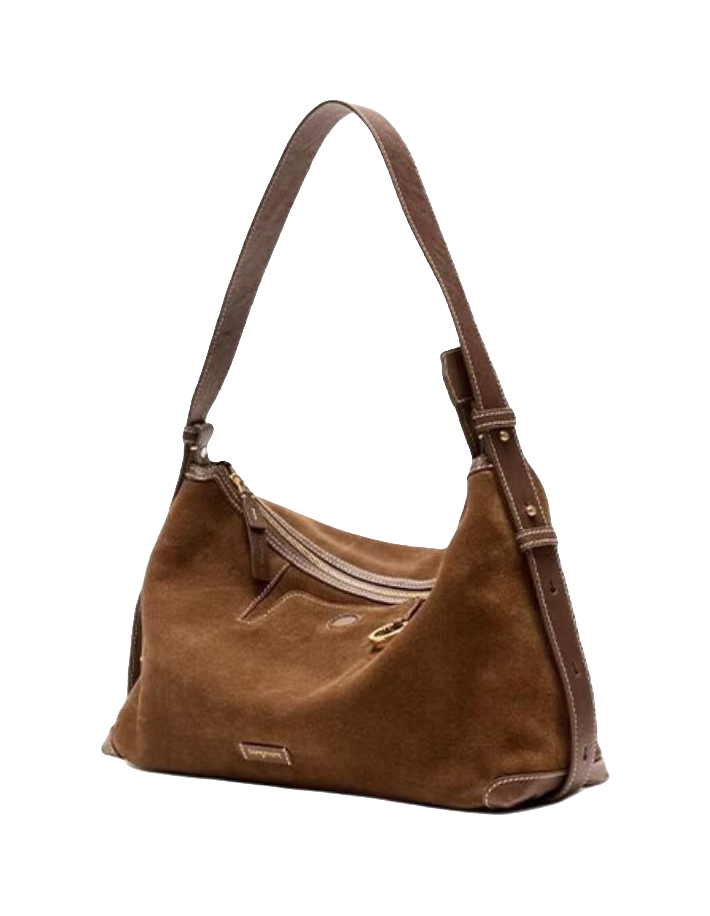 Dark brown leather crossbody bag with curved hobo silhouette and shoulder strap
