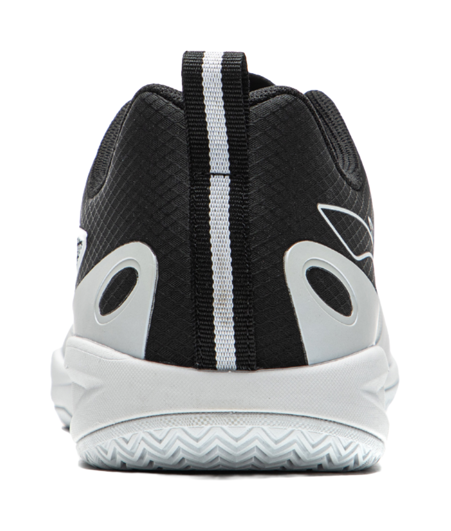 Back view of table tennis shoe with black mesh heel and white striped pull tab