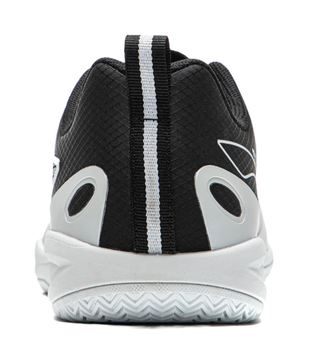 Back view of table tennis shoe with black mesh heel and white striped pull tab
