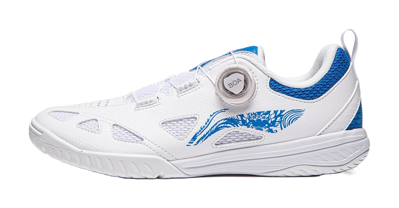 White table tennis shoe with blue collar, side logo, BOA dial closure, and textured sole.