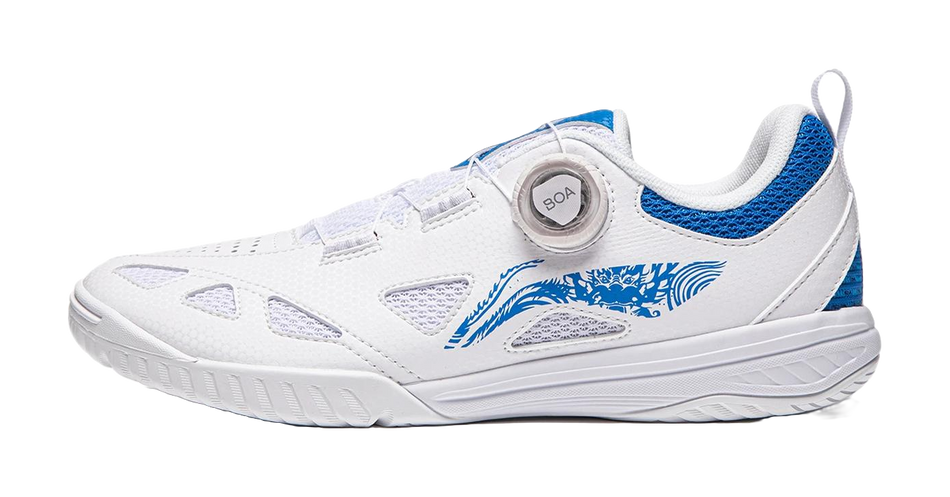 White table tennis shoe with blue collar, side logo, BOA dial closure, and textured sole.