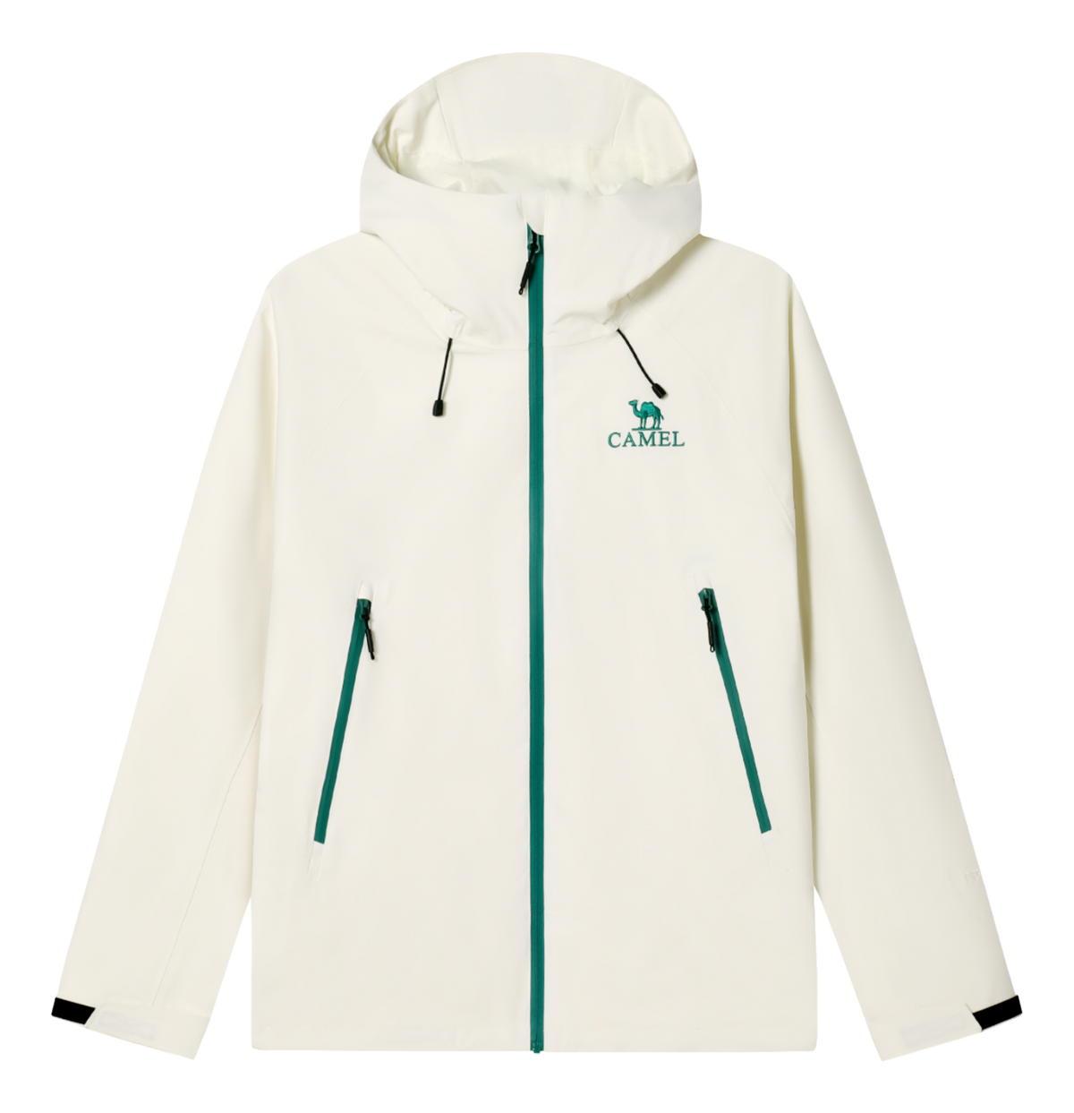 Ivory unisex windbreaker jacket with hood, full zip, and two zippered front pockets