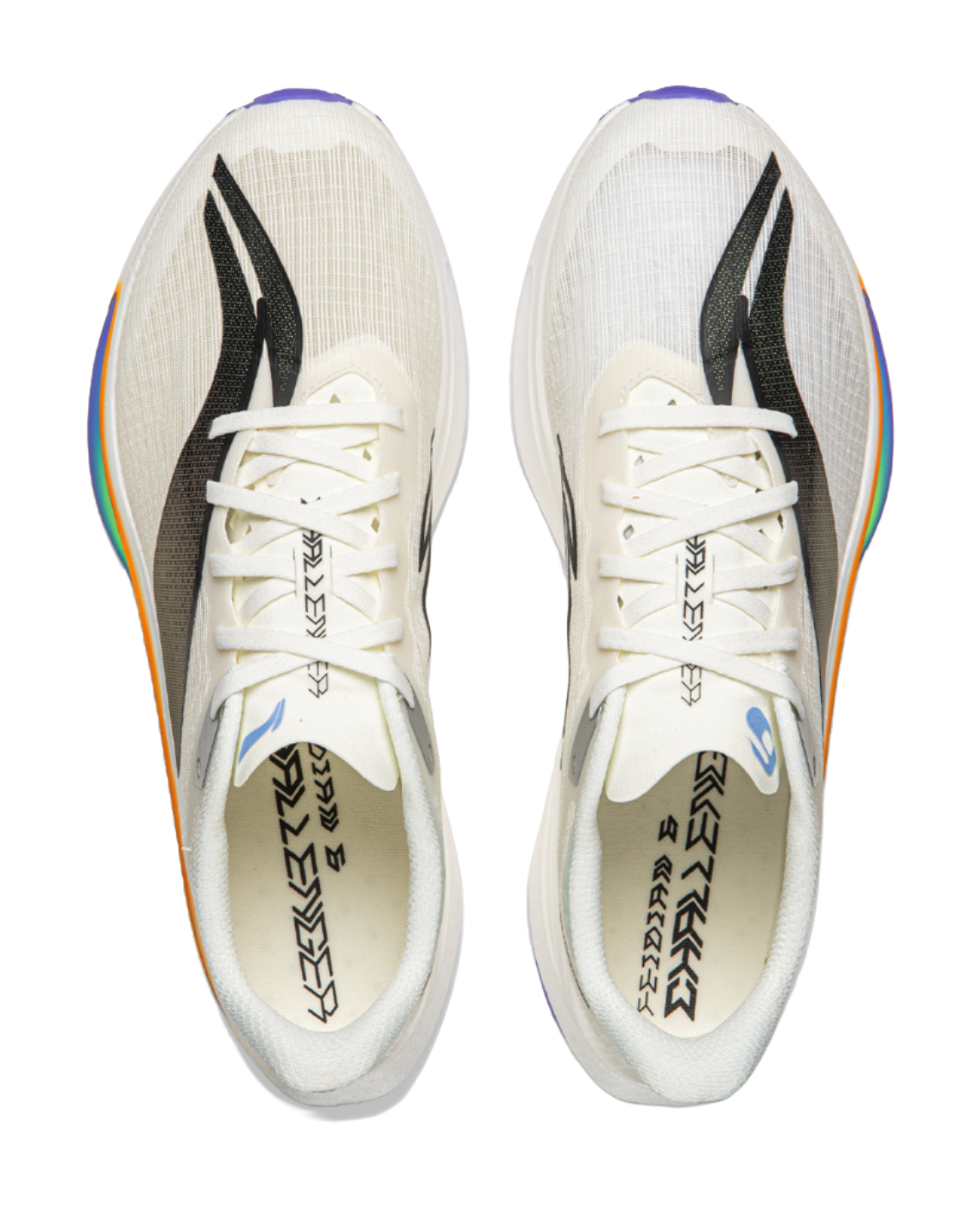 Pair of champagne white running shoes with white laces and black side stripes