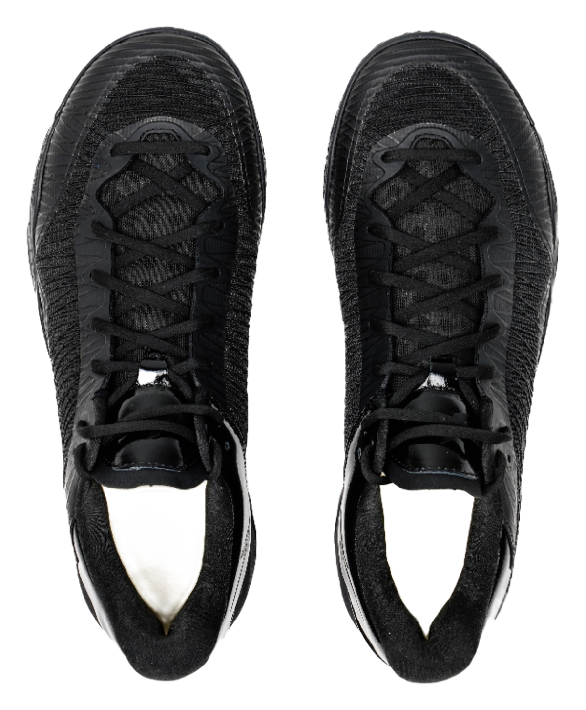 Black low-top basketball shoes, front view with laces and padded tongue.