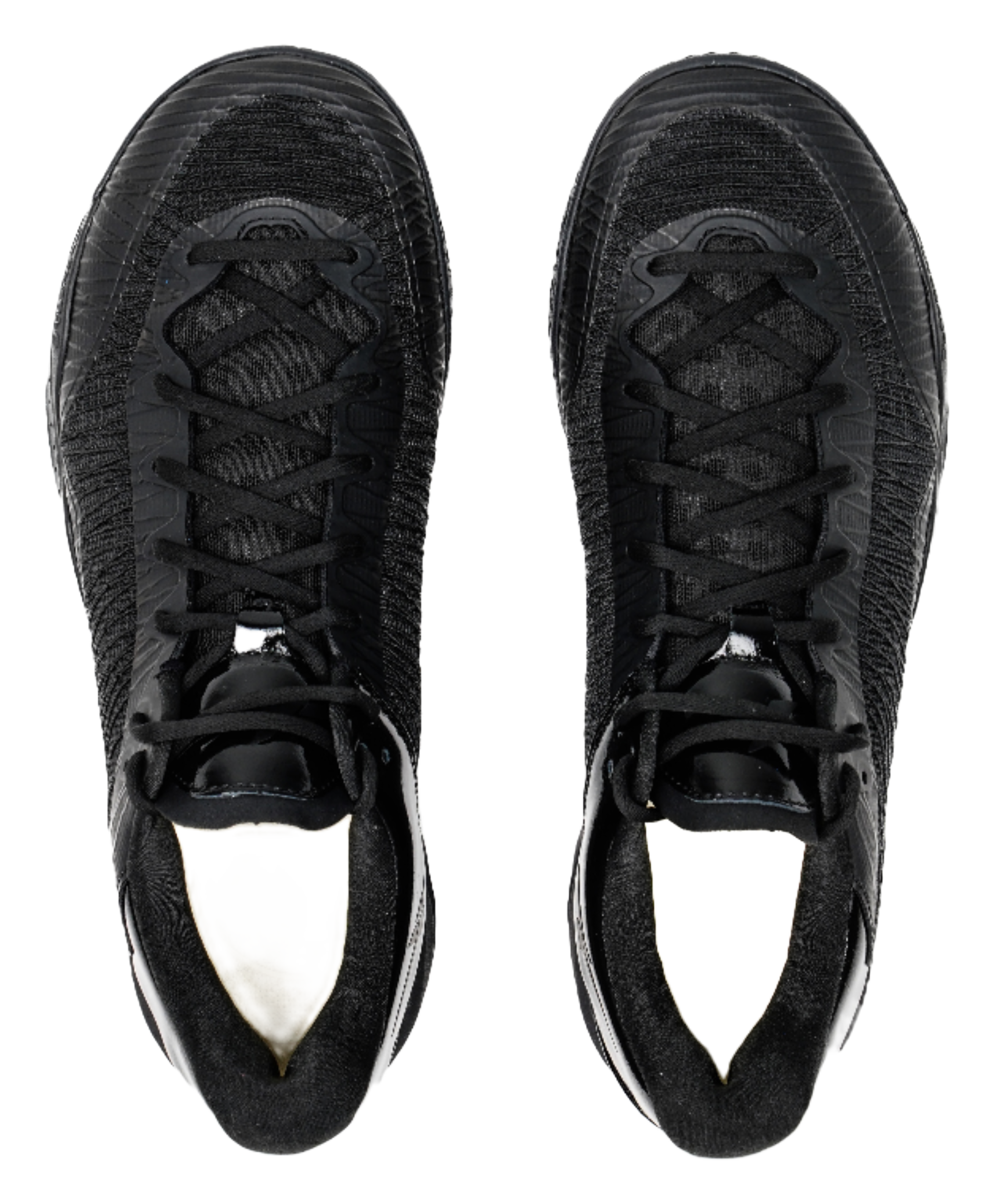 Black low-top basketball shoes, front view with laces and padded tongue.