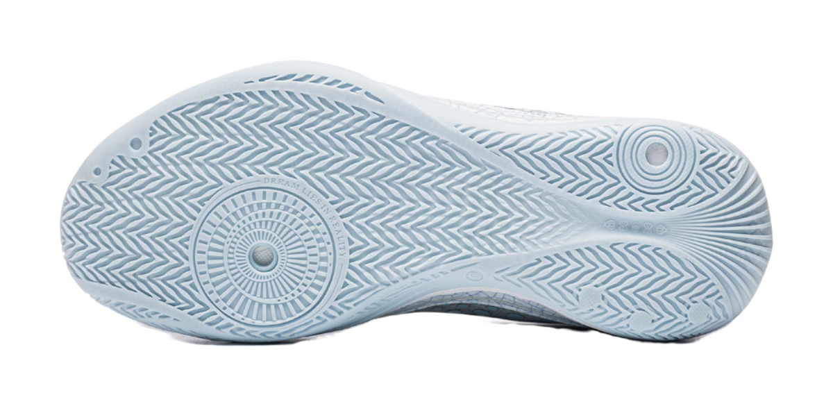 Ice blue low basketball shoe outsole with circular traction pattern