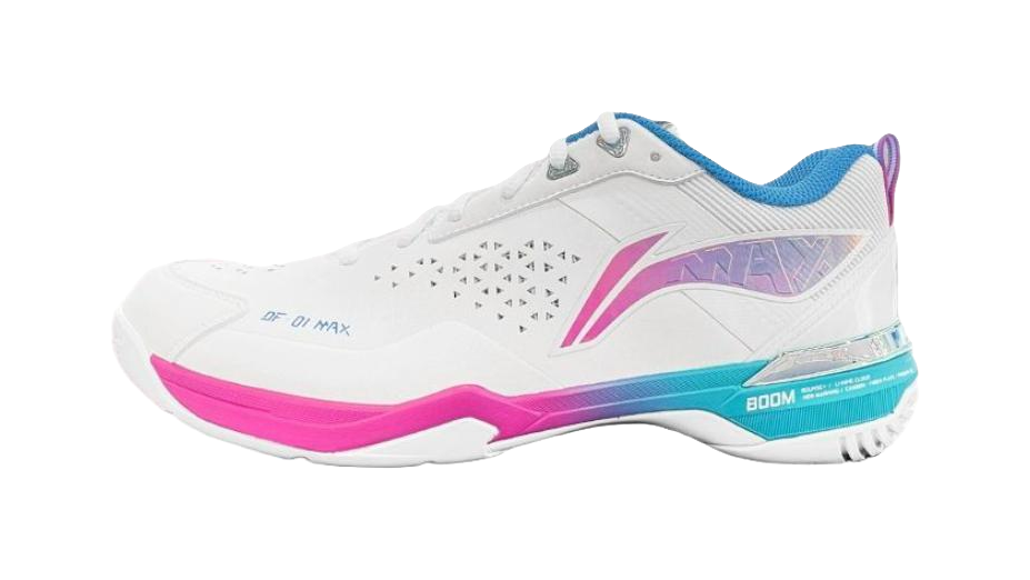 White badminton shoe with pink and blue side panel accents, low-profile outsole