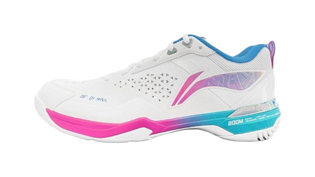 White badminton shoe with pink and blue side panel accents, low-profile outsole