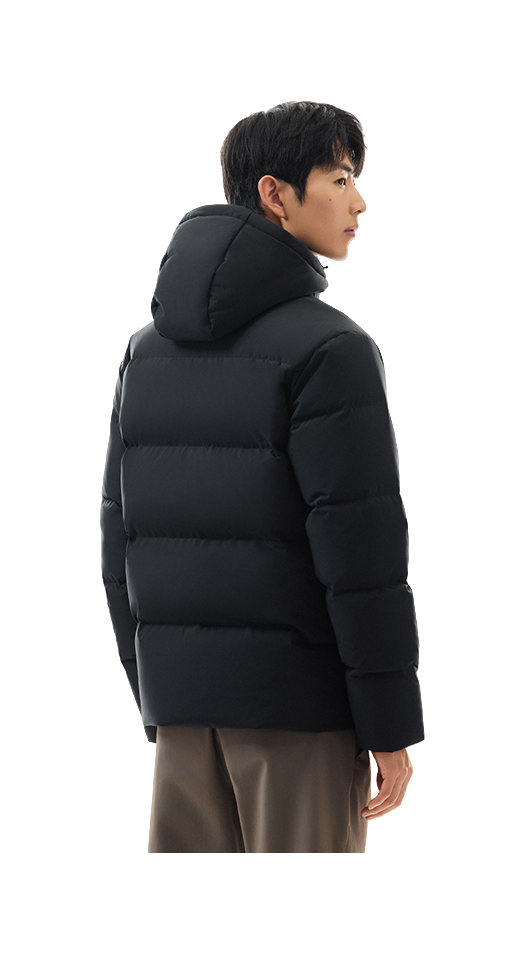 Men's black hooded down puffer jacket, side view, quilted front