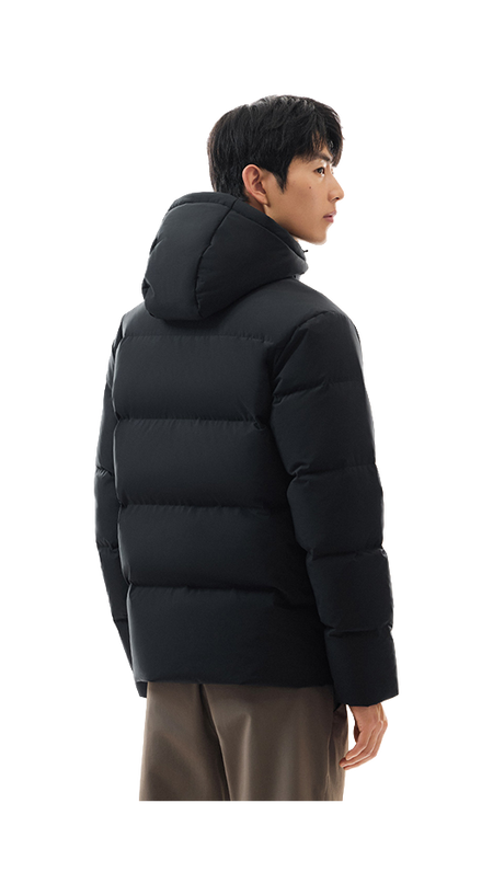 Men's black hooded down puffer jacket, side view, quilted front