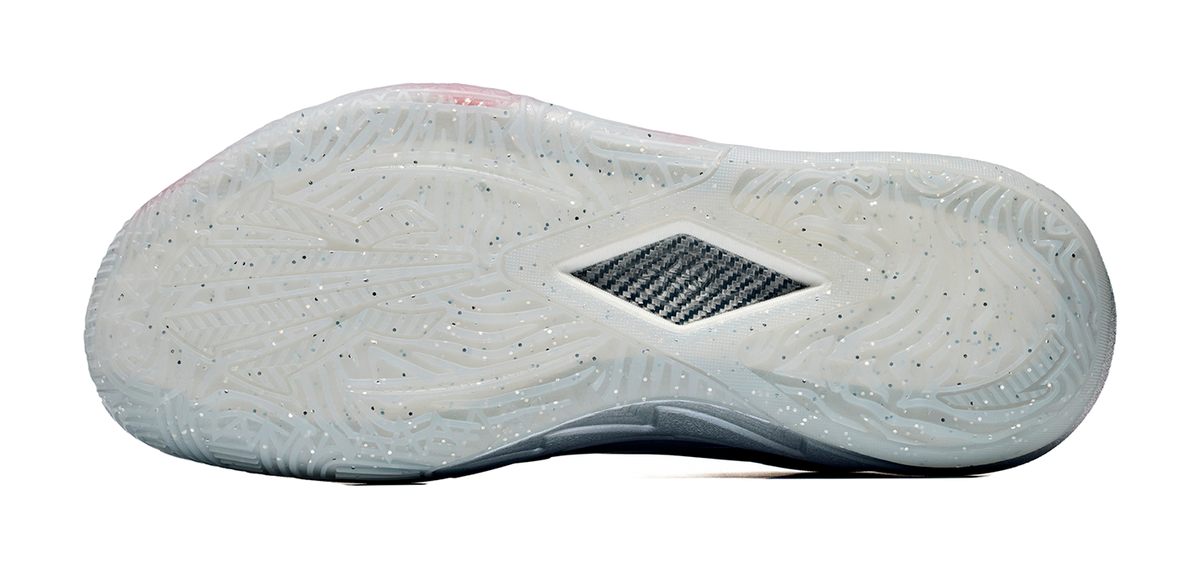 Low basketball shoe outsole, translucent white with patterned grip tread