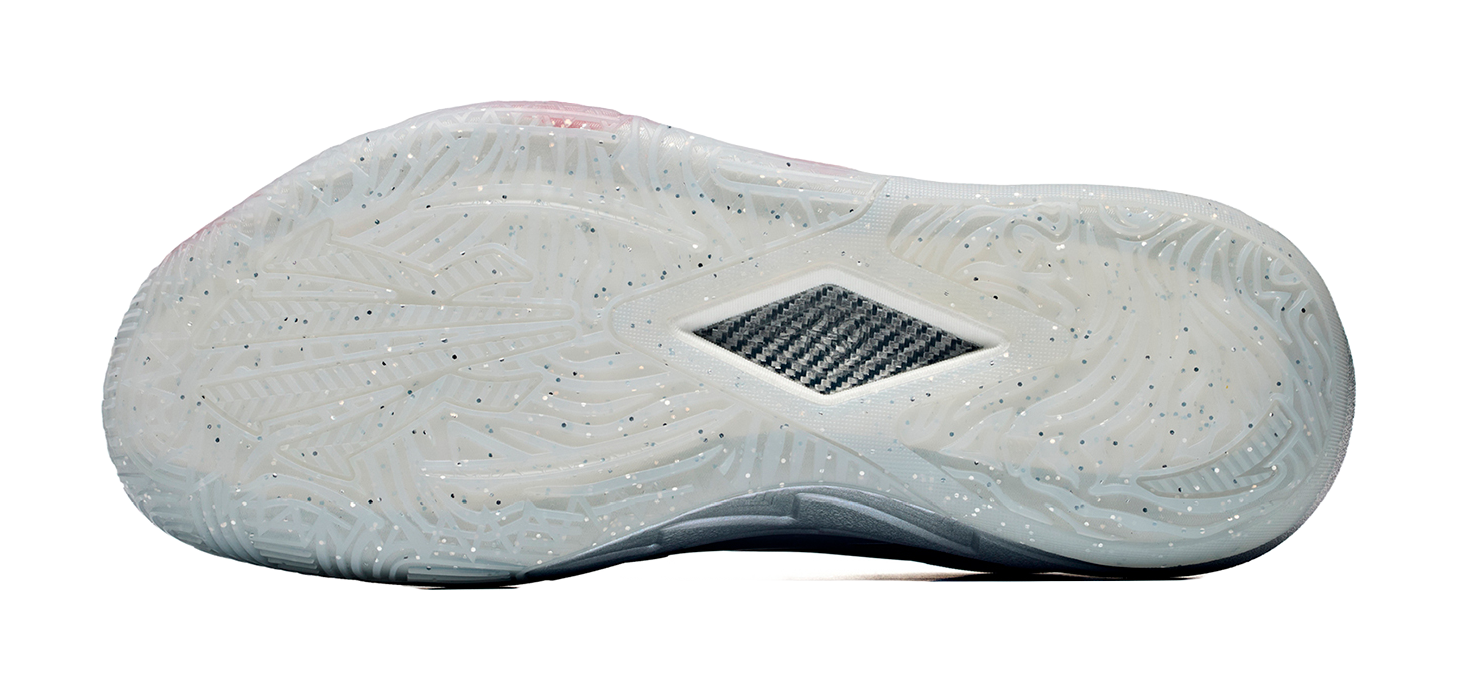 Low basketball shoe outsole, translucent white with patterned grip tread