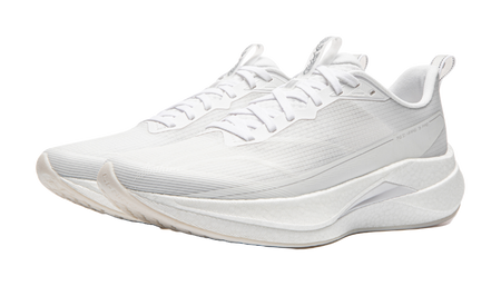 White running shoe with lace-up front and thick rocker-style sole