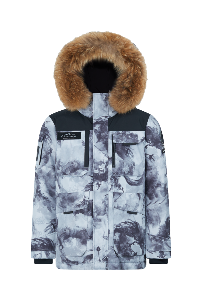 White and dark-gray abstract print winter down jacket with faux-fur hood